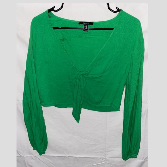 Bright Green Front Tie Blouse w/ Cuffed Sleeves - Picture 1 of 1